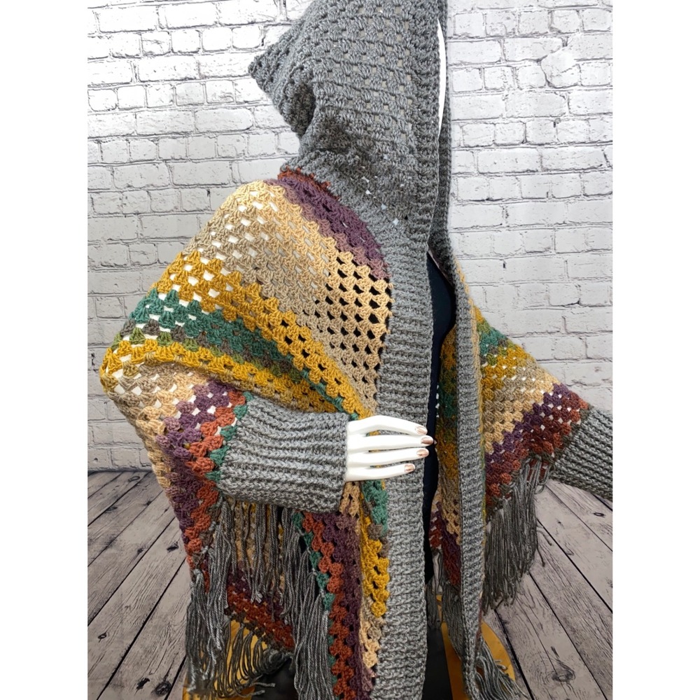 Handmade Crochet Hooded Shawl Wrap Multicolor Striped Fringe Boho Cardigan Gray - Picture 3 of 10